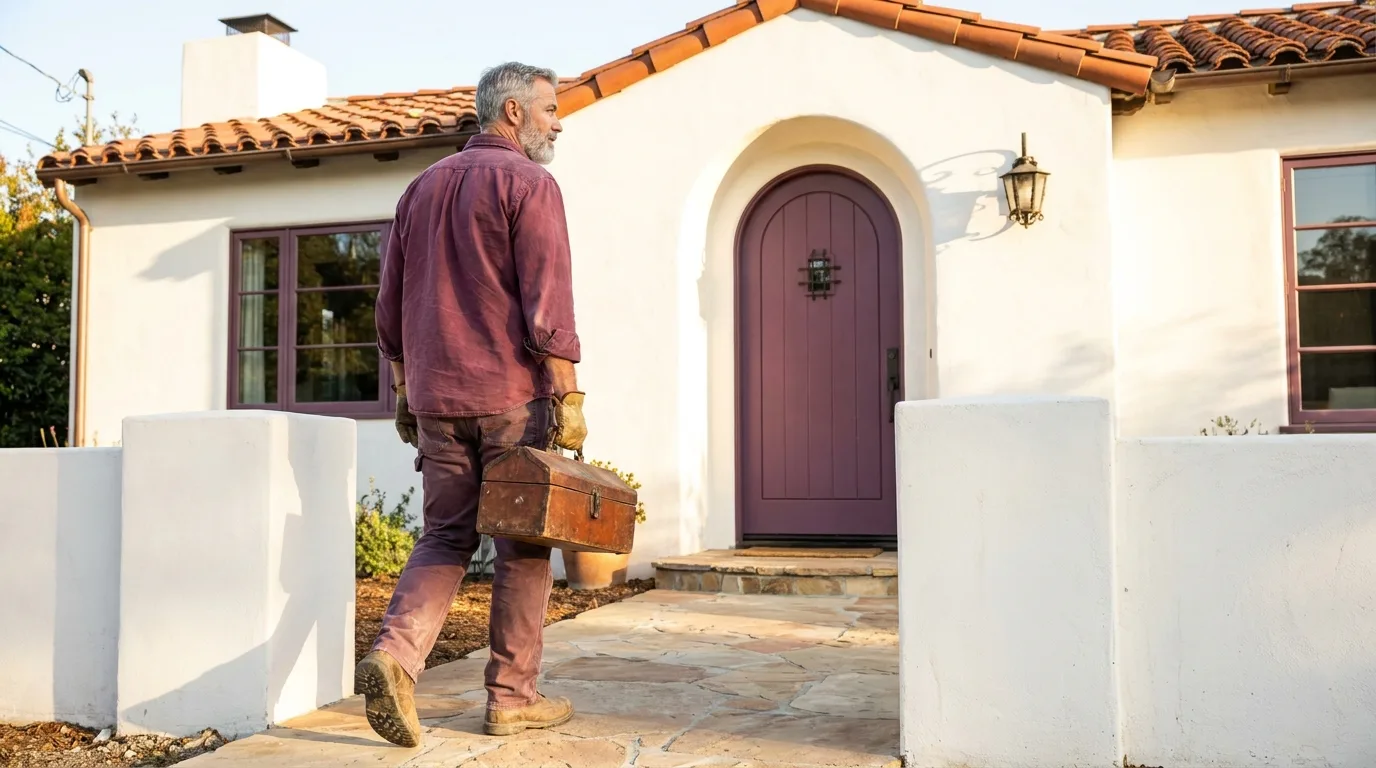 A plumber carrying a toolbox walks up the path to a white stucco house with an arched plum front door