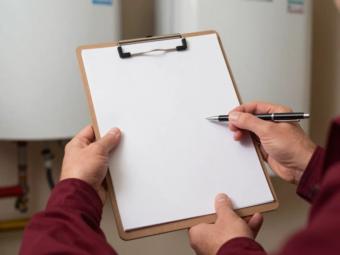 A plumber holds a clipboard with a blank form and a pen in front of a water heater