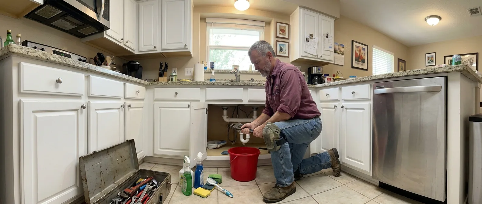 A plumber in a burgundy work shirt and knee pads kneels at an open kitchen sink cabinet and turns the drain trap with a pipe wrench, a red bucket under the pipes and an open toolbox on the tile floor
