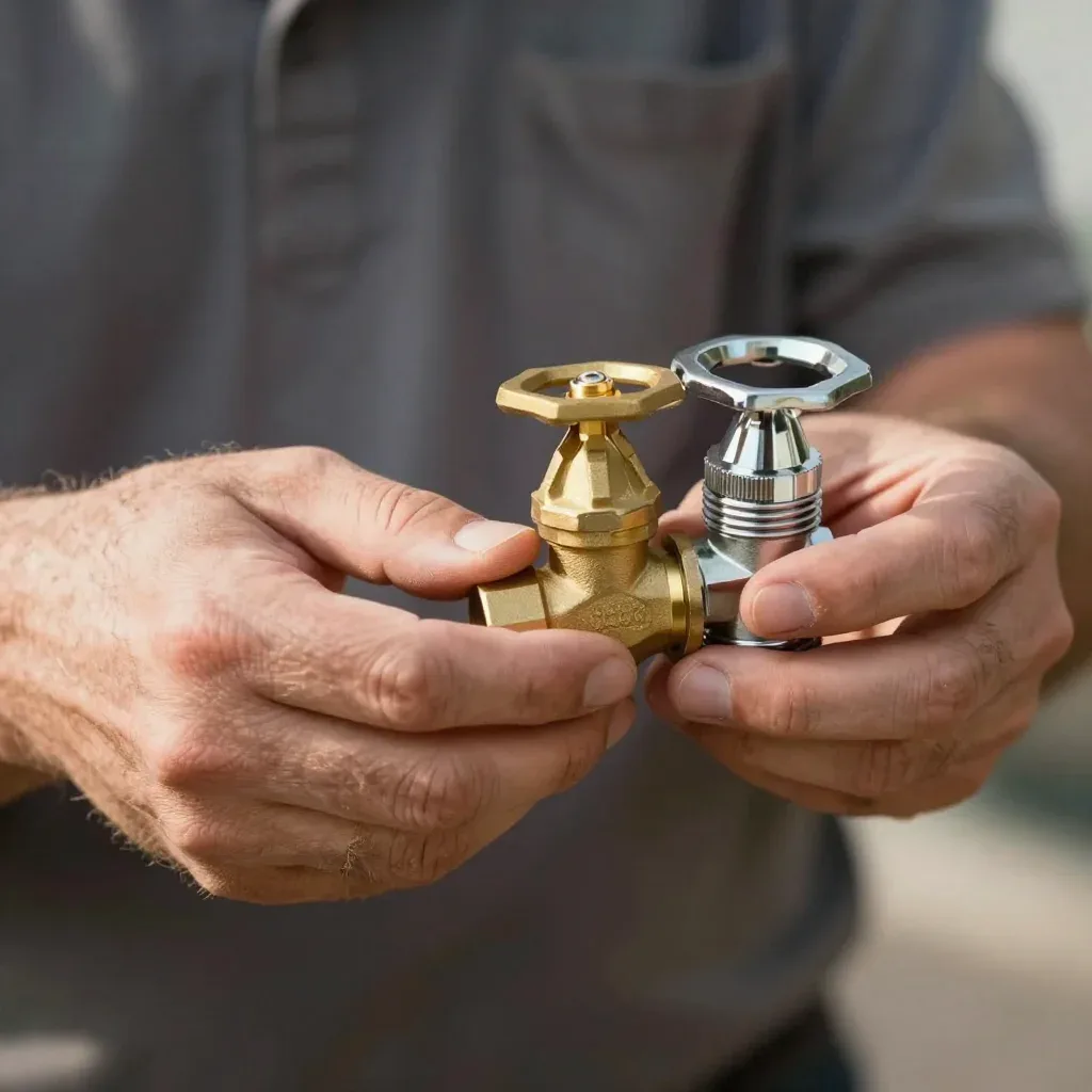 A plumber holds a brass valve beside a chrome one